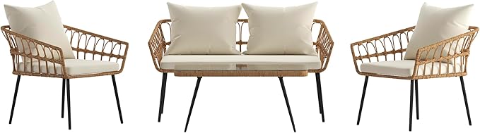 Flash Furniture Evin Boho 4 Piece Patio Conversation Set - Natural Rope Rattan - Cream All-Weather Cushions - Tempered Glass Top Coffee Table - Indoor/Outdoor