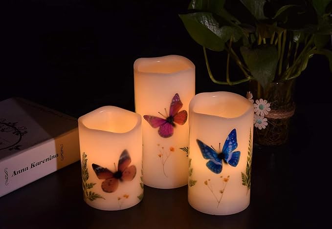 Candles Set of 3 Flameless 4" 5" 6" Unscented Tealight Butterfly Flower Plants Decor Real Wax Pillar Candle LED Lights 12 Color Changing 4H 8H Timer Remote Control AAA Batteries Operated