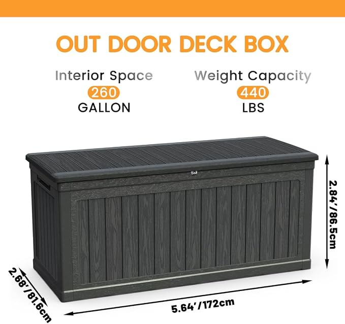 260 Gallon Large Outdoor Storage XXL Deck Box for Patio Furniture, Outdoor Cushions, Garden Tools and Sports/Pools Equipment, Waterproof Resin, Lockable, Black