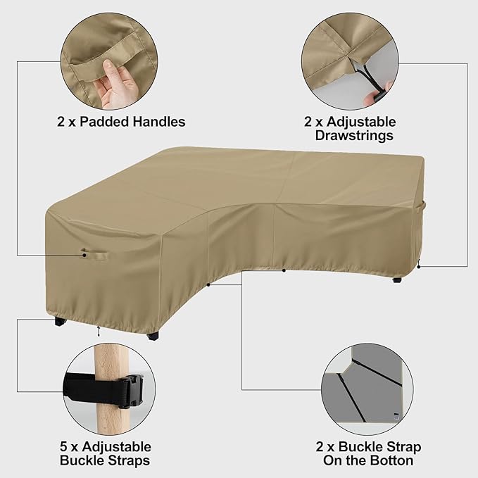 OutdoorLines Waterproof Outdoor Patio Sectional Cover - UV Resistant & Windproof V-Shaped Patio Furniture Covers for Deck, Lawn and Backyard, 420D Heavy Duty Couch Cover 100" L (on Each Side) Camel