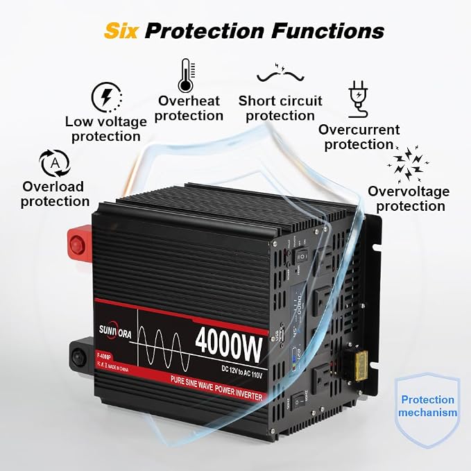 4000 Watt Pure Sine Wave Power Inverter, 12V DC to 110V/120V AC Converter 8000W Peak, with Remote Control LCD, 4 AC Outlets & USB Port & Hardwire Terminal, for Car Truck RV Camping Solar System EPS