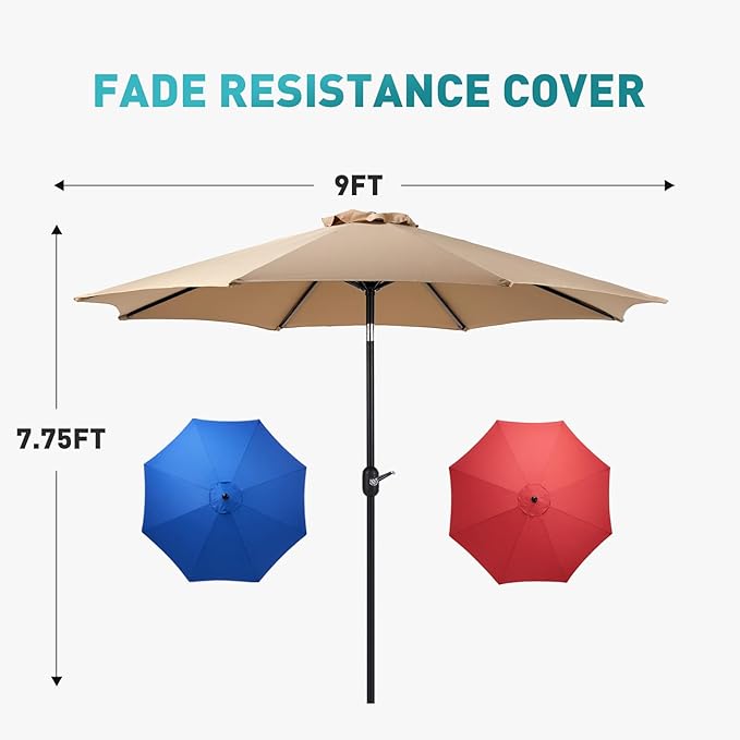 OLIXIS 9FT Patio Umbrella with Tilt and Crank Button & Sturdy Ribs Waterproof, 9Feet Patio Table Umbrella Perfect for Poolside, Terrace, Beach and Outdoor Restaurant