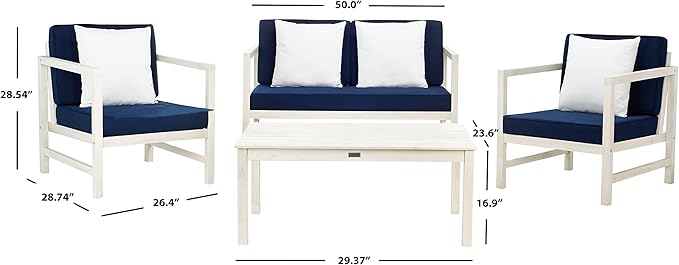 SAFAVIEH Outdoor Collection Montez White/ Navy Cushions/ White Pillows 4-Piece Conversation Patio Set