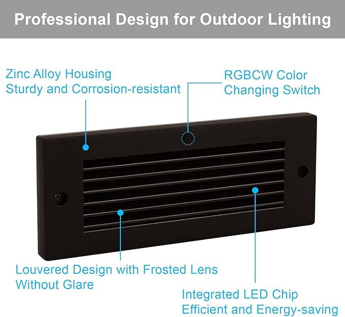 Color Changing RGB Low Voltage Deck Lights, 5W, 8.7 Inch 12V Waterproof Wired Outdoor Stair Lights for Steps, Decks, Fences, Stairwell, Large Area Glare Free Surface Mount, Bronze, ETL, 6PK