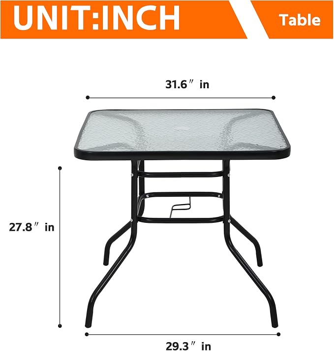 Outdoor Patio Table with Umbrella Hole, 32 Inch Patio Dining Table All Weather Square Patio Table, Glass Patio Tables for Outside, Balcony, Backyard, Poolside(Square)