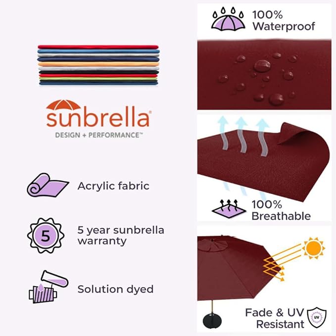 Midtown Umbrellas The Wooden 9 Feet Patio Umbrella With Sunbrella Burgundy Acrylic Fabric - Aluminum Frame Market Umbrella For Backyard, Deck, Garden, Pool - Wooden Pole