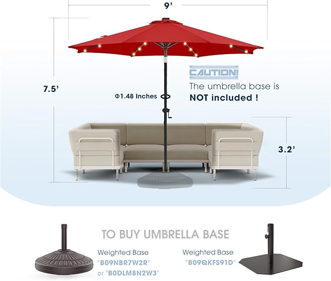 wikiwiki 9ft Solar Led Patio Umbrella, Sturdy Outdoor Market Umbrella for Deck, Pool, Garden w/Tilt, Crank, 32 LED Lights, Red