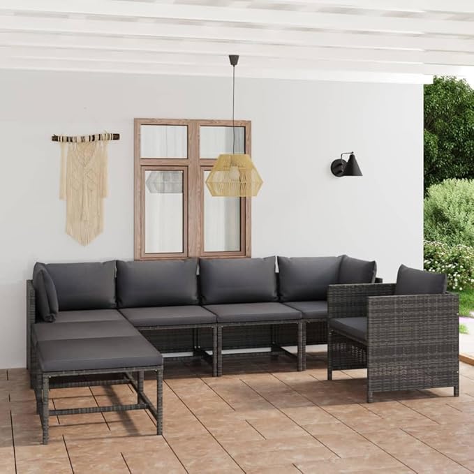 7 Piece Modular Patio Furniture Set Grey Anthracite PE Rattan Garden Conversation Sectional Couch 23.6 in Seat Depth for Balcony Terrace Deck