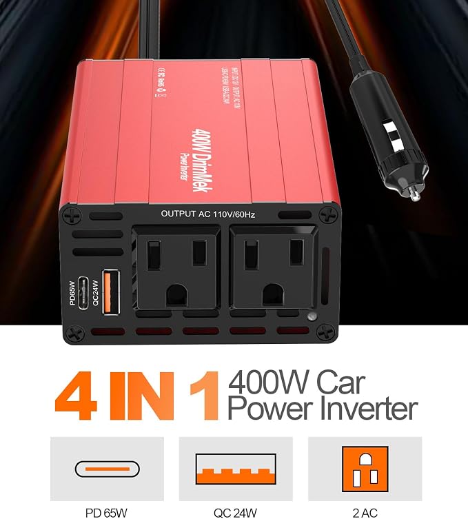 400W Car Power Inverter for Vehicles｜24W+65W USB C,12V DC to AC | 65w Fast Charger,2 AC Output,Aluminum alloy casing
