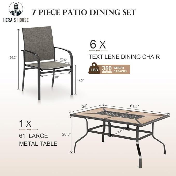 HERA'S HOUSE 7pc Patio Dining Set, Metal Table with PVC Top, Brown Chairs | 61" rectangular table with umbrella hole, 6 textilene chairs. Waterproof, rust-resistant, all-weather for yard, porch
