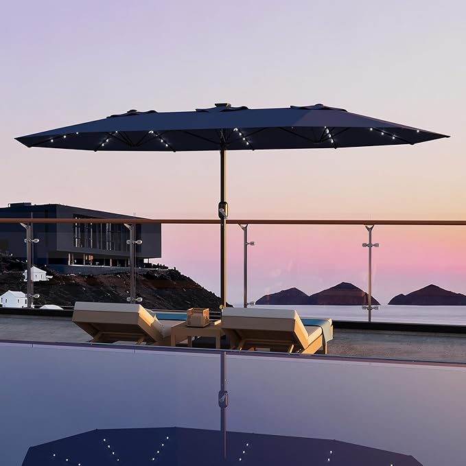Garvee 15FT Rectangular Patio Umbrella with Solar Lights & Base Included - Large Patio Umbrella with Crank Handle 48 LED Lights, UV Protection for Outdoor Market, Backyard, Deck, Poolside, Navy Blue