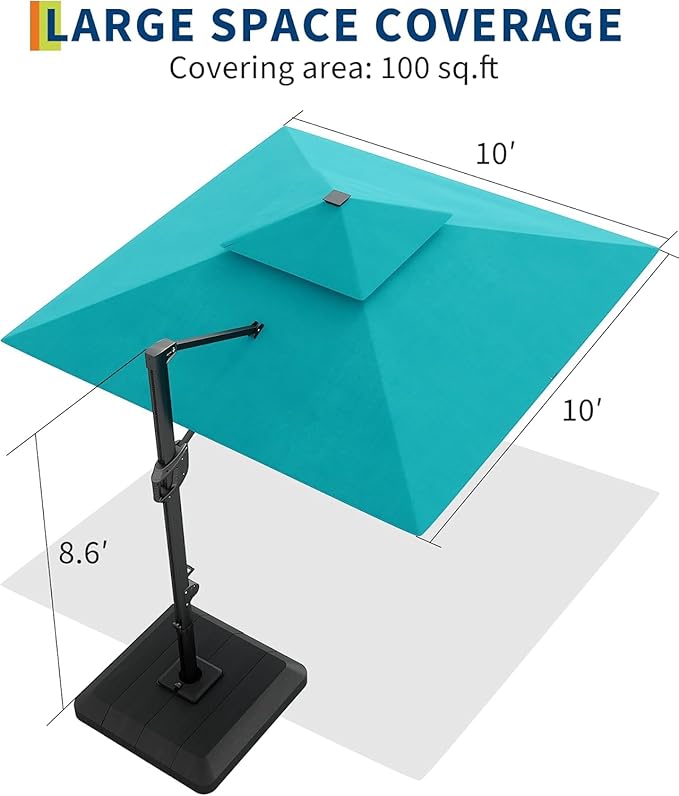 10x10 ft Double Roof Square Cantilever Patio Umbrella with Solar LED Lights & Cross Base – 360° Rotation, Heavy-Duty Sun Shade with Easy Tilt for Backyard, Poolside, and Garden Use, Navy Blue