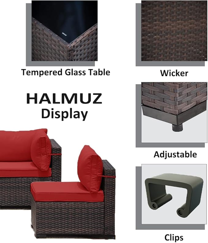 8 Pieces Outdoor Patio Furniture Sets w/55000 BTU Propane Fire Pit Table,Wicker Conversation Sofa,Includes 6 All-Weather High Back PE Rattan Seating Components w/Coffee Table&Gas Fire Pit,Red