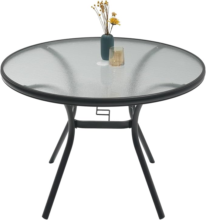 40" Round Glass Ourdoor Table for 4 Person with Umbrella Hole, Black Frame | 40 inch Round Glass Table Top, Black Metal Frame, 4 Person Table