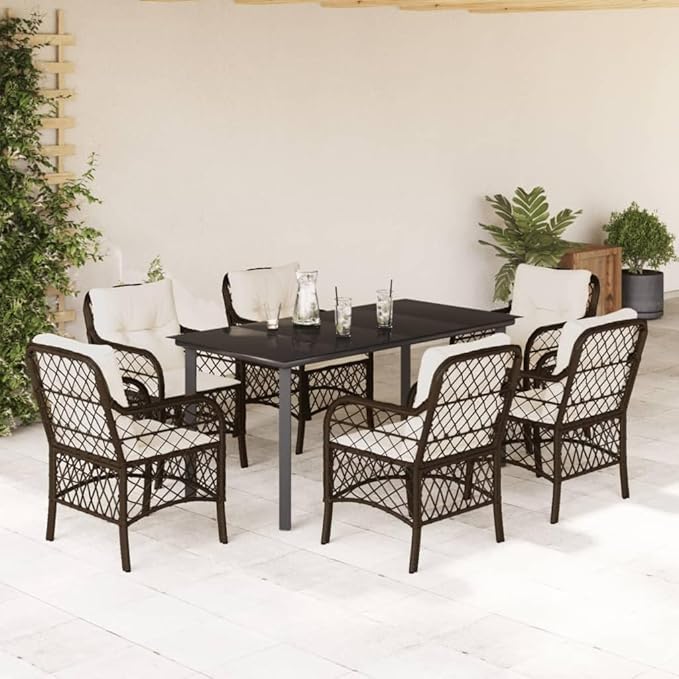 Patio Furniture Sets,Outdoor loveseat,Patio Conversation Sets,7 Piece Patio Dining Set with Cushions Brown Poly RattanSuitable for Patio, Garden, Gazebo Low