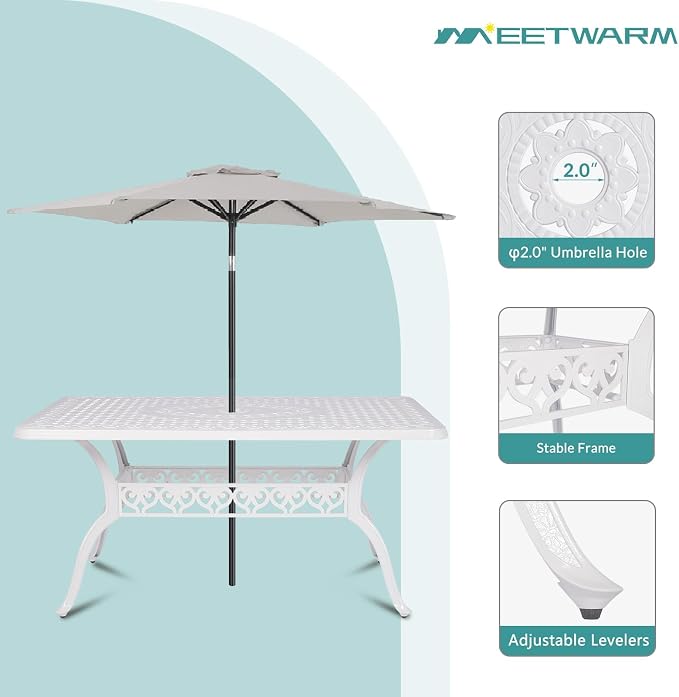 MEETWARM 60"x36" Cast Aluminum Patio Dining Table, Weather-Resistant Large Outdoor Dining Table for 6-8 Person, Patio Furniture Rectangular Table with Umbrella Hole and Adjustable Foot Pads, White