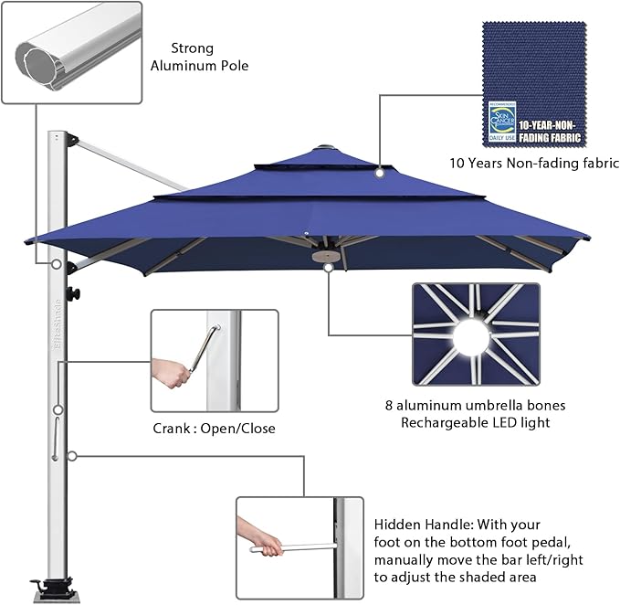EliteShade USA APOLLO 3-Tier 10x10FT Full Aluminum Cantilever Patio Umbrella for Outdoor Restaurant Garden Courtyard Deck Pool and Marketing with Light (No battery), Navy Blue