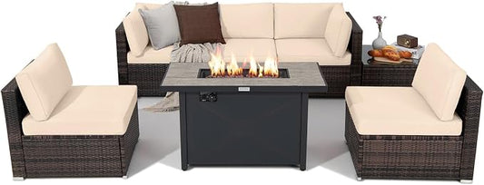Tangkula 7 Piece Patio Furniture Set with Fire Pit Table, Includes 42 Inches 60,000 BTU Propane Rectangle Fire Pit Table and Protective Cover, Outdoor Cushioned Sectional Sofa Set for 5 (Beige)