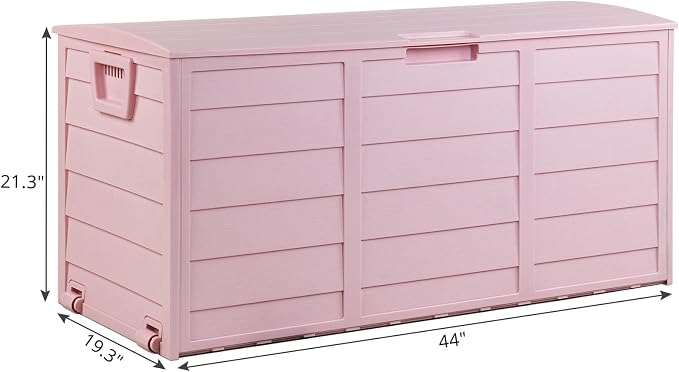 75 Gallon Deck Box Organizer with Wheels, Doubles as 2-Person Bench Seat, Large Plastic Outdoor Storage and Seating with Lockable Lid for Garden, Pool, and Patio (Pink)