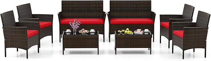 HAPPYGRILL 8 Pieces Outdoor Rattan Conversation Set, Patio Wicker Furniture Set with Loveseat Chairs & Tempered Glass Coffee Table, Outside Sectional Sofa Set for Backyard Garden Poolside, Red