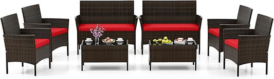 HAPPYGRILL 8 Pieces Outdoor Rattan Conversation Set, Patio Wicker Furniture Set with Loveseat Chairs & Tempered Glass Coffee Table, Outside Sectional Sofa Set for Backyard Garden Poolside, Red