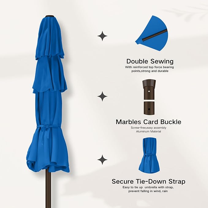 Kingdura 10ft 3-Tier Patio Umbrella with Solar Lights, Table Umbrella Outdoor Patio with Easy Crank & Tilt, 8 Sturdy Ribs, UV Protection, 32 LED Lights for Deck, Poolside, Market (Royal blue)