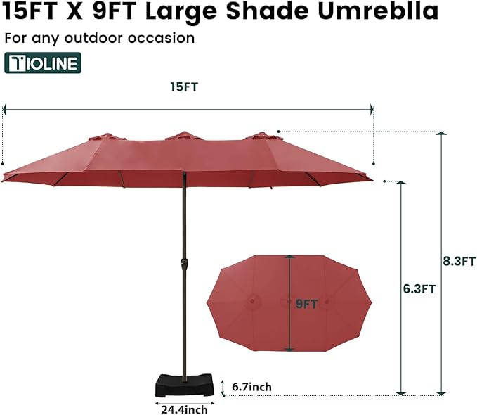 15FT Large Patio Umbrellas with Base Included, Outdoor Double-Sided Rectangle Big Market Umbrella with Stand, Outside Umbrellas for Poolside Lawn Backyard,Red