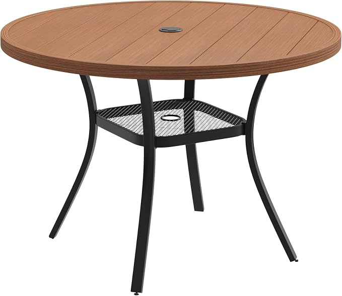 DIFY Outdoor Dining Table for 4 Person, 40.6"x 40.6" All Weather Round Patio Metal Table with 1.57" Umbrella Hole for Poolside Garden and Backyard, Walnut