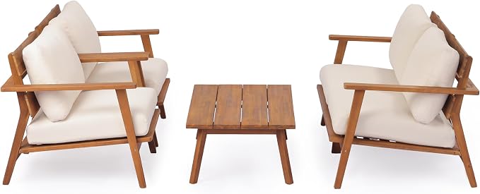 KLMM 4-Piece Mid-Century Modern Acacia Wood Patio Seating Set,Outdoor Conversation Set with Loveseat,Club Chairs & Slatted Coffee Table,for Garden Backyard Poolside (Teak+ Beige-MC)