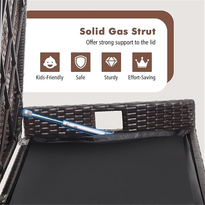 Pemberly Row 34 Gallon Patio Wicker Storage Deck Box, Hand-Woven PE Rattan Finish, Off Brown Color, Water-Resistant Lining, Gas Strut Lid, Cushion Seating, Multi-Functional for Outdoor Use