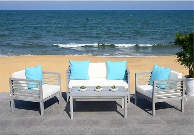 SAFAVIEH Outdoor Collection Alda Grey Wash/ White Cushions/ Light Blue Pillows 4-Piece Conversation Patio Set