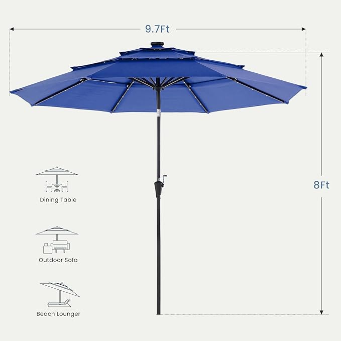 DUMOS LED Outdoor Patio Umbrella 10 FT UV-Resistant Market Umbrella with Tilt Adjustment & Crank Lift, All-Weather Shade for Backyard, Deck, Garden, Beach