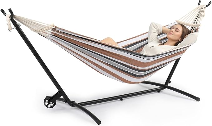 ONCLOUD Outside Hammock with Stand, Portable Hammock Set with Wheel for Camping, Backyard, Heavy Duty Hammock with Carry Bag&2 Wooden Combs, 440LBS, Coffee Brown