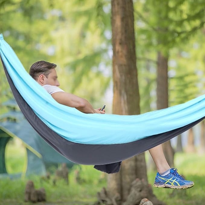 Hanging Chair Bed Dual Use Portable Hammock, Camping Hammock with Steel Buckles and Tree Straps, Sturdy Breathable 300T Polyester Outdoor Swing for Courtyard Corridor (Blue Gray)