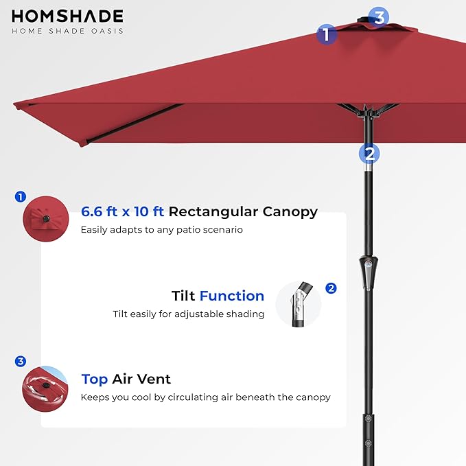 HOMSHADE 6.6 x 10 ft Rectangular Patio Umbrella Rectangle Umbrella Outdoor Patio, Large Outdoor Umbrellas for Patio Table with Tilting and Sun UV Protection for Pool, Deck, Market, Backyard