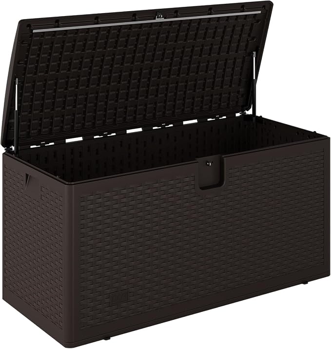 Takywep 99 gal Resin Deck Box, Waterproof Outdoor Storage Box with Lockable Lid, Patio Storage Bin for Cushions, Garden Tools, Pool Accessories, Indoor Outdoor Plastic Chest, Brown