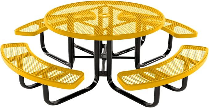 COATEDOUTDOORFURNITURE Heavy-Duty Portable Outdoor Kids Table with Umbrella Hole, Expanded Metal Kids Picnic Table, Commercial-Grade, Made in America (46 in, Round, Childrens, Textured Yellow)