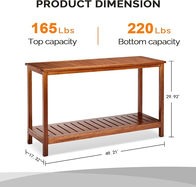 VINGLI 49in Solid Wood Outdoor Console Table, 2-Shelf Wooden Outdoor Accent Plant Table Multifunctional Buffet Bar Storage Organizer for Indoor Patio Porch and Entryway (Natural)