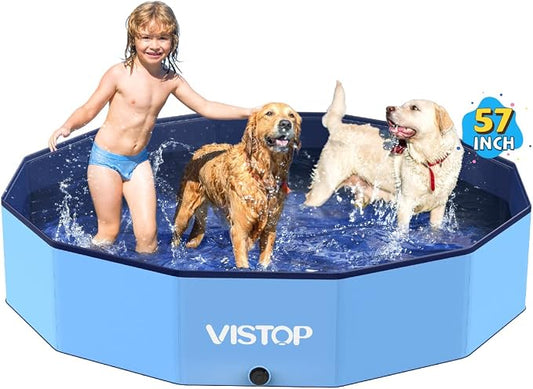 VISTOP Large Foldable Dog Pool, Hard Plastic Shell Portable Swimming Pool for Dogs Cats and Kids Pet Puppy Bathing Tub Collapsible Kiddie Pool (57inch.D x 11.8inch.H, Blue)
