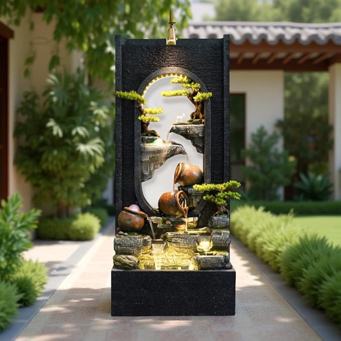 60" LED Outdoor Cement Fountain with Mist, Rock Waterfall & 50 Crystals – Zen Decor for Patio, Garden, Balcony or Housewarming (B)