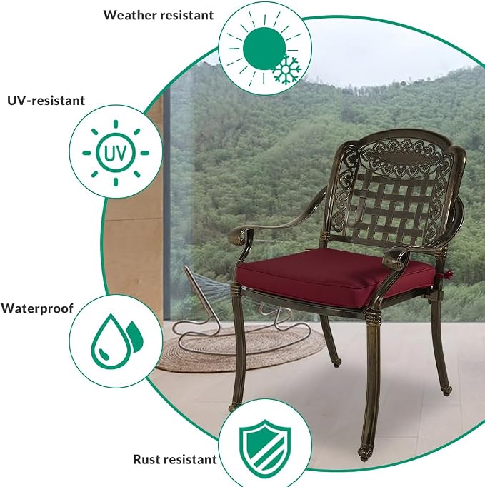 VIVIJASON 3-Piece Outdoor Patio Bistro Set, All-Weather Cast Aluminum Furniture Dining Sets Include 2 Cushioned Chairs and 35.4" Round Table w/Umbrella Hole for Balcony, Garden, Backyard, Red Cushion