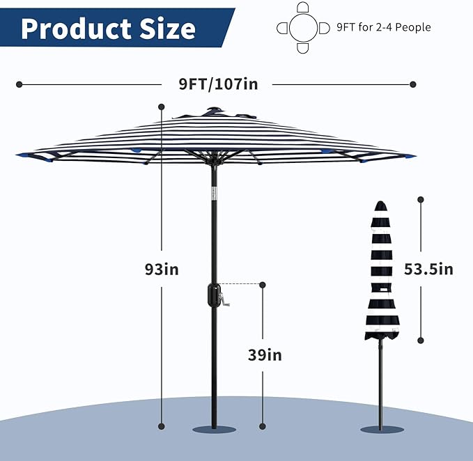 10Ft Patio Umbrella - 8 Sturdy Ribs Outdoor Table Umbrella with Crank Lift & Push Button Tilt - Market Umbrella for Pool, Deck, Yard, Garden - Turquoise
