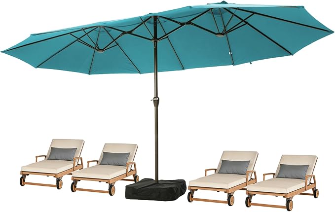 15FT Large Patio Umbrellas with Base Included, Outdoor Double-Sided Rectangle Big Market Umbrella with Stand, Outside Umbrellas for Poolside Lawn Backyard,Light Blue