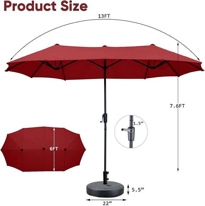 13Ft Large Patio Umbrella with Base Outdoor Double-Sided Market Extra Large Table Umbrella Easy Crank for Yard, Poolside, Deck-Red