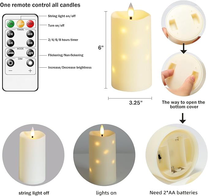Lezonic Flameless Waterproof Outdoor Candles with Flickering Dancing Flame, 4Pcs Battery Operated Candles with Remote, Ivory LED Pillar Built-in String Lights for Patio Wedding Decor, 3.25" x 6"