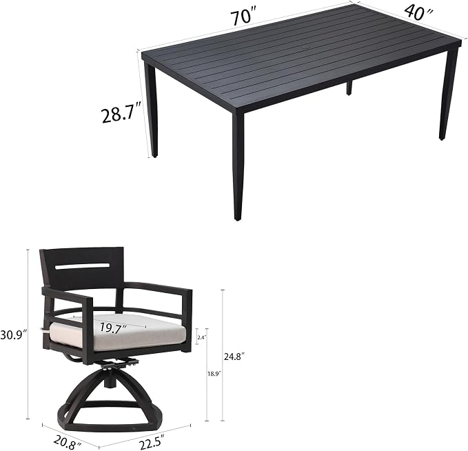 7-Piece Outdoor Patio Aluminum Furniture, Modern Dining Set, Including 6 Swivel Rockers Sunbrella Fabric Cushioned and Rectangle Dining Table with Umbrella Hole, Ember Black