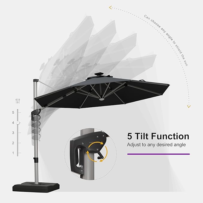 PURPLE LEAF Cantilever Umbrella with base 10ft Outdoor Round Patio Solar Powered LED Umbrella with 360-degree Rotation for Garden Deck Pool Patio, Grey