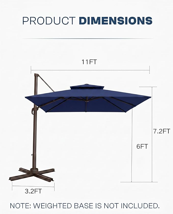 11' Patio Umbrella, Double Top Aluminum Cantilever Umbrella with 360°Rotation, Offset Patio Umbrella with Easy Tilt for Pool Deck Garden Backyard, Navy Blue (Base not Included)