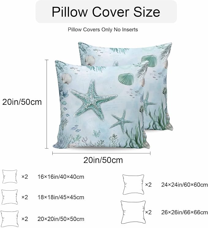 Coastal Starfish Waterproof Outdoor Pillow Covers Set of 2 Home Decor, Nautical Coral Tropical Fish Seashells Pillowcase Patio Pillow Covers for Couch Bench Furniture Garden 24x24in