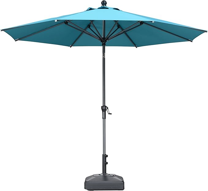 PURPLE LEAF 10' Round Patio Market Umbrella with Base Outdoor Table Umbrellas Aluminum Frame Sun Shade with 8 Sturdy Ribs Tilt for Garden Deck Lawn Pool Turquoise Blue